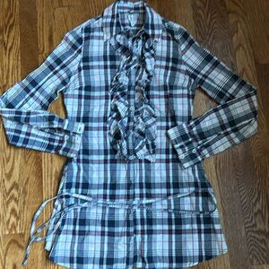 Stradivarius Plaid Front Ruffle Long Sleeve Button Down Shirt